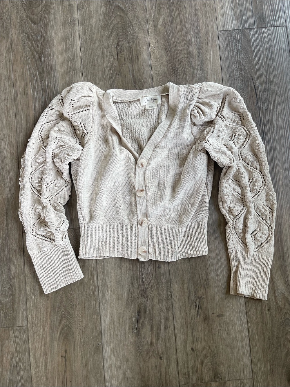 Jessica Simpson Cream Openwork Puff Sleeve Button Cardigan